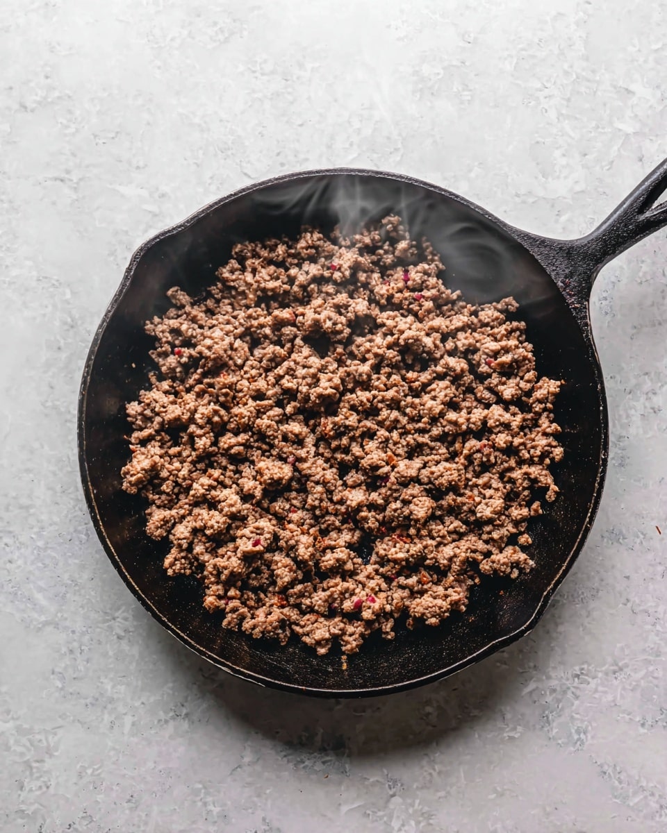 A black cast iron pan filled with one even layer of cooked ground meat, showing a crumbly texture with browned edges and a few small pinkish bits, steam rising gently from the food, placed on a white marbled surface photo taken with an iphone --ar 4:5 --v 7