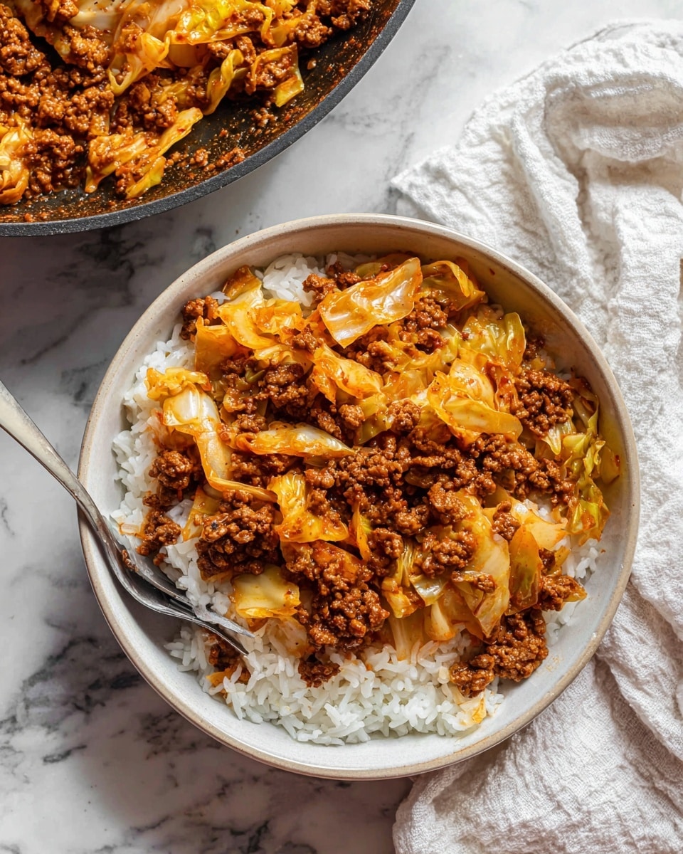 A white bowl filled with two main layers: at the bottom, plain white rice with soft, fluffy grains; on top, a mix of cooked ground meat and cabbage pieces, both coated in a light orange sauce with a slightly oily texture. The cabbage looks tender and slightly translucent with some charred edges, while the meat is crumbly with a rich brown color. The bowl rests on a white marbled surface with a silver fork on the left side inside the bowl. Nearby, a dark skillet holds more of the meat and cabbage mixture, partially visible with its rough texture. A softly wrinkled white cloth is placed on the right side of the bowl. Photo taken with an iphone --ar 4:5 --v 7