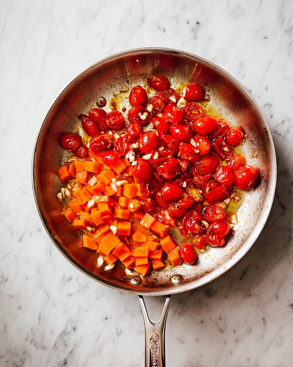 A silver pan filled with two layers of cooked vegetables sits on a white marbled surface. The bottom layer has diced orange pieces spread evenly, while the top layer has halved shiny red cherry tomatoes mixed with small bits of white garlic scattered throughout. Light brown cooking oil covers some parts of the pan, adding a shine to the vegetables. The pan handle stretches out to the front right, reflecting light softly. Photo taken with an iphone --ar 4:5 --v 7
