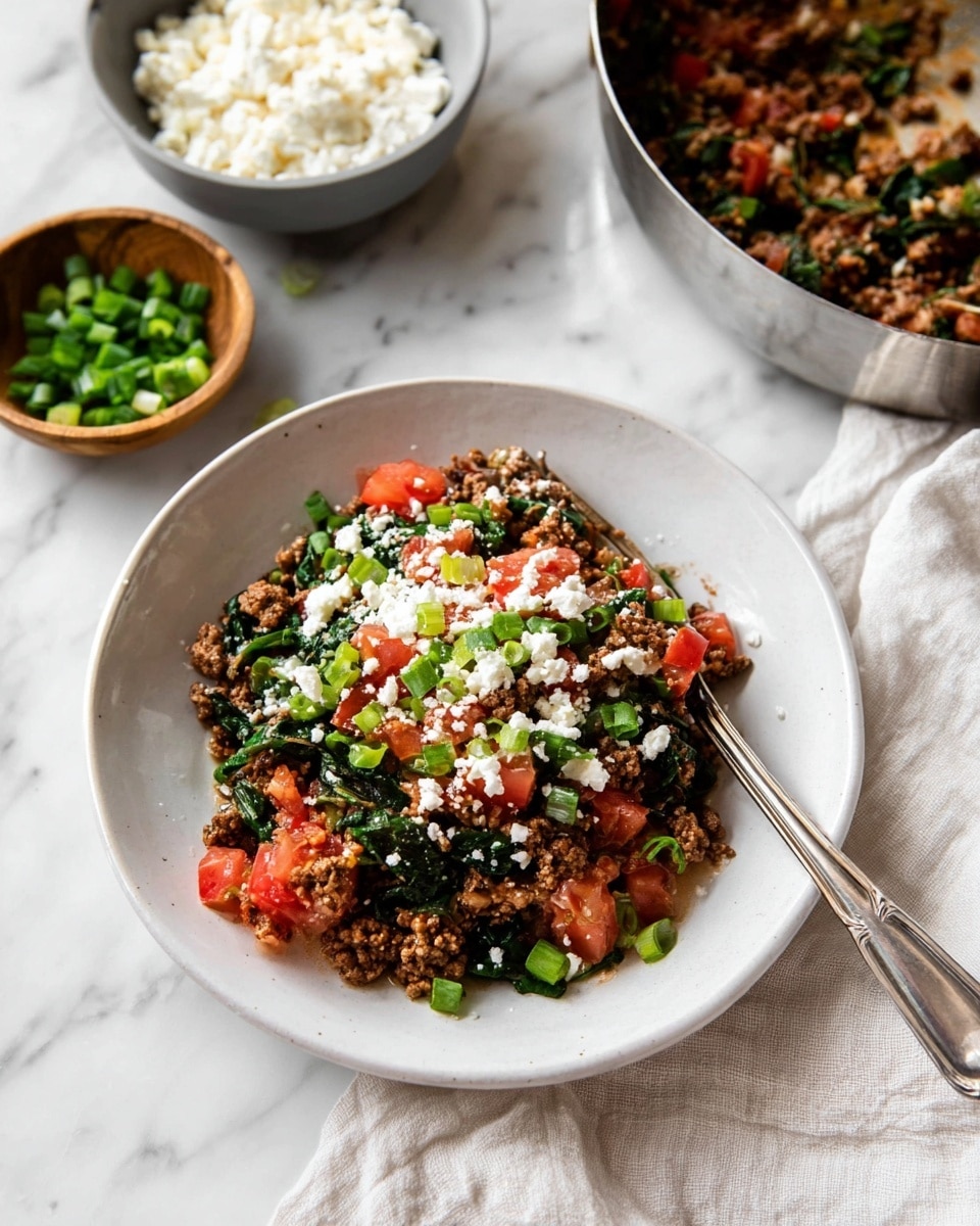 A white plate holds a colorful dish with three main layers: the bottom layer is minced cooked meat in small brown chunks mixed with dark green wilted spinach; the middle layer shows bright red diced tomatoes scattered throughout; the top layer is sprinkled with white crumbled cheese and small pieces of chopped green onions. A silver fork rests on the edge of the plate, partially in the food. In the background, there is a gray bowl with more white crumbled cheese, a wooden bowl filled with chopped green onions, and a shiny metal pan containing more of the meat and spinach mixture. The setting is on a white marbled surface with a soft light cloth nearby. Photo taken with an iphone --ar 4:5 --v 7