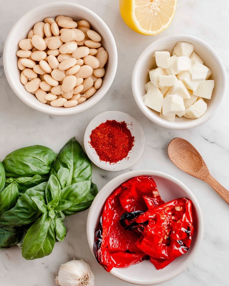 The image shows four white bowls and some ingredients on a white marbled surface. The top left bowl is full of light beige beans, smooth and shiny. To the right, there is a bowl with irregular white chunks that look soft. Below that bowl, there is a wooden spoon filled with a small amount of red powder, likely a spice. At the bottom right, another bowl holds bright red roasted pepper slices with some black grill marks. On the left side of the image, there is a bunch of fresh green basil leaves with visible veins and a small white garlic clove near the bottom. A half lemon with a pale yellow inside is placed above the bowls near the center. Photo taken with an iphone --ar 4:5 --v 7