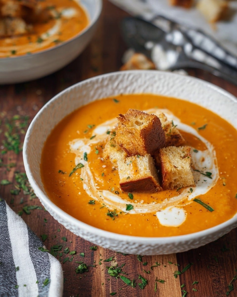 A white textured bowl holds a smooth orange soup with a creamy swirl pattern in white on the surface. On top of the soup, there are several toasted bread cubes with a golden-brown crispy texture, along with small chopped green herbs scattered around. The bowl is placed on a wooden surface with some green herb bits nearby, and part of a striped cloth and another bowl of soup is blurred in the background. photo taken with an iphone --ar 4:5 --v 7