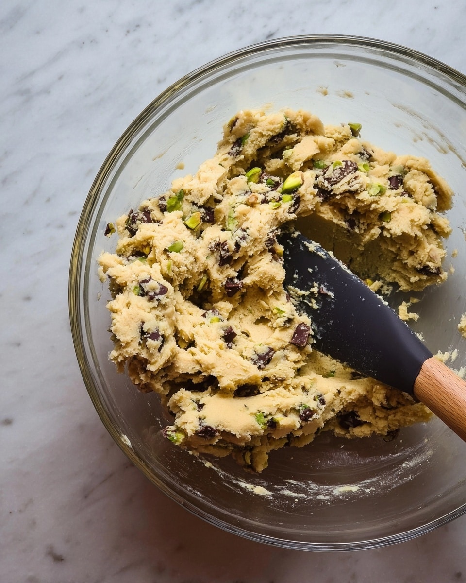 A large clear glass bowl is filled with chunky cookie dough mixed with dark chocolate pieces and small green pistachio bits. A black silicone spatula with a wooden handle is partially buried in the dough, showing some dough sticking to it. The dough texture is rough and crumbly but holds together, with a pale yellow base color dotted with dark and green specks. The setting is on a white marbled surface, creating a clean, bright background. photo taken with an iphone --ar 4:5 --v 7