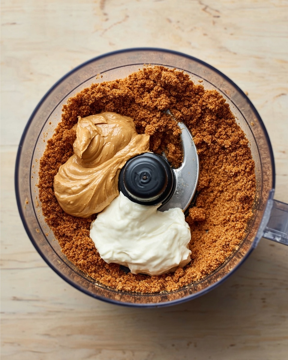 A clear food processor bowl sits on a white marbled surface, filled with a base layer of crumbly, brown crushed biscuits spread evenly, covering most of the bottom. On top, two dollops rest side by side near the middle one is smooth and light brown, resembling peanut butter, and the other is creamy and white, like sour cream or yogurt. The metal blade sits in the center, partially covered by the dollops and crumbs, and a woman's hand is not visible in this image. photo taken with an iphone --ar 4:5 --v 7