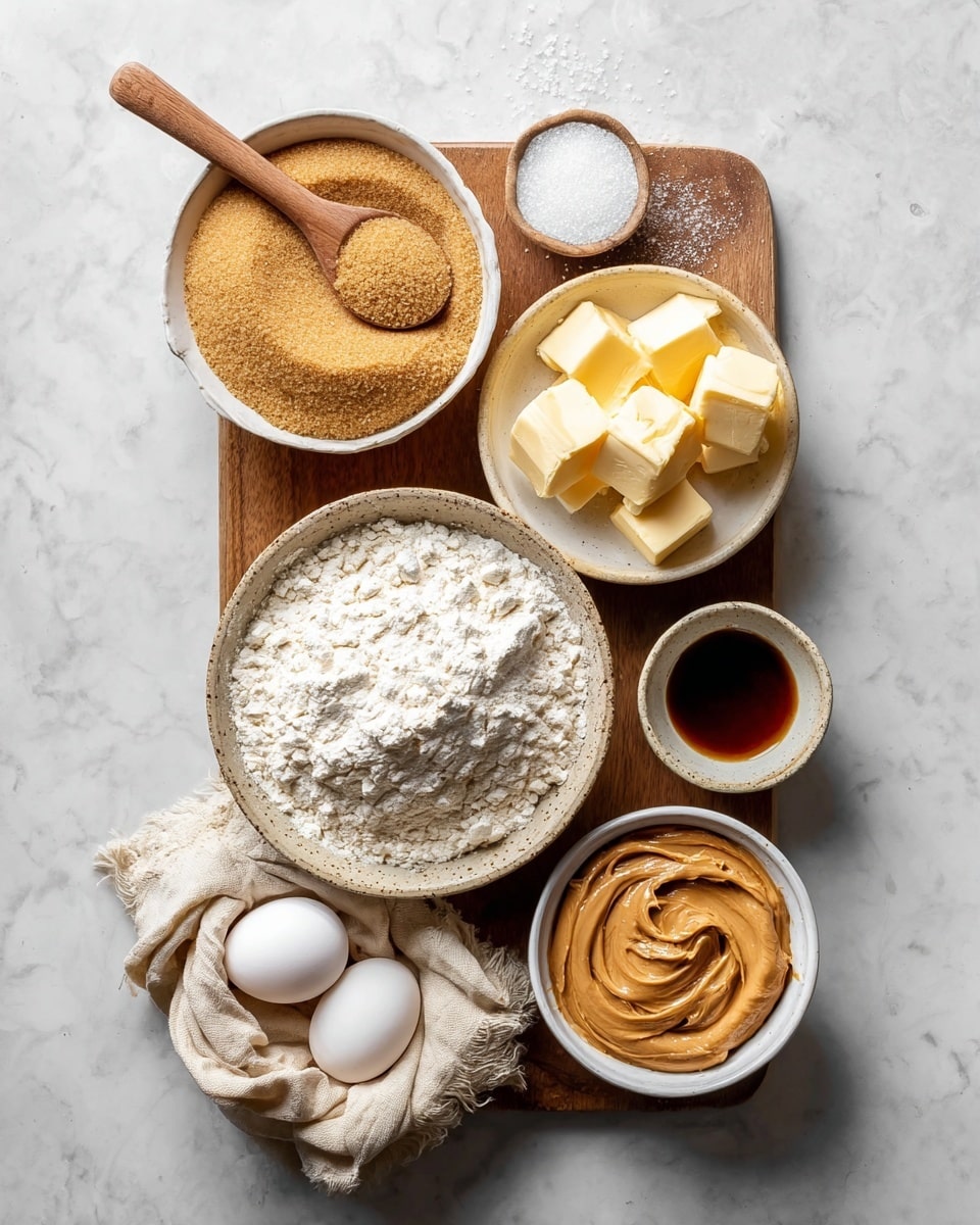 The image shows six containers of different baking ingredients arranged on a wood board on a white marbled surface. At the top left is a bowl filled with light brown sugar and a wooden spoon resting on it with white salt. To its right is a white bowl with yellow cubes of butter. Below that is a large bowl with white flour and a wooden spoon with white salt on top. To the bottom left is a white egg in a small white dish wrapped partially with a beige cloth. Below the flour bowl is a small bowl with a light brown creamy spread, likely peanut butter, visible with swirled texture. Next to it is a small white bowl holding a dark liquid, possibly vanilla extract. The overall look is neat and well-organized with light natural colors photo taken with an iphone --ar 4:5 --v 7