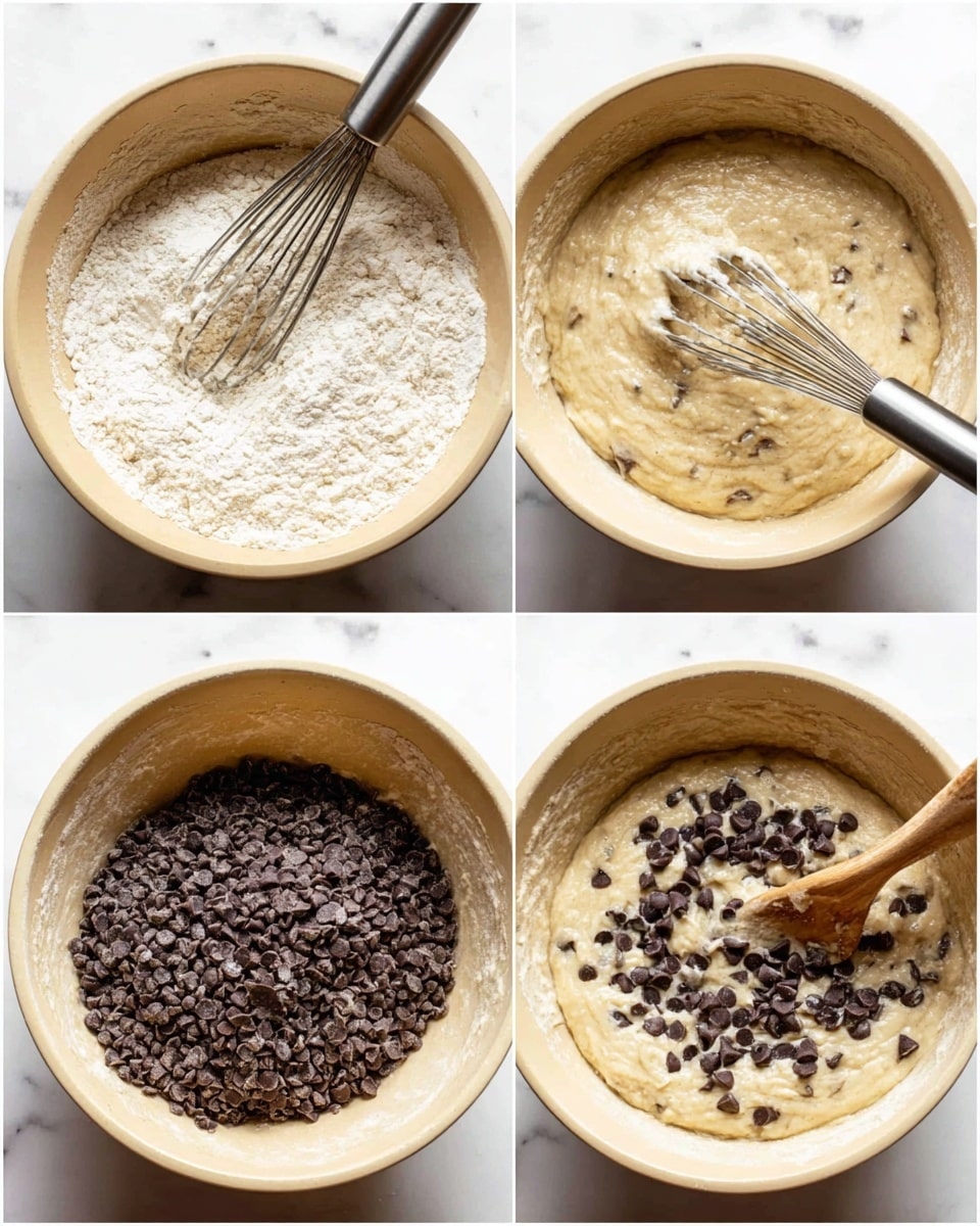 A set of four close-up images showing the stages of mixing batter with chocolate chips in a beige mixing bowl on a white marbled surface. The first image shows dry flour around the edge and wet batter in the middle with a metal whisk inside the bowl. The second image shows the batter partially mixed, still thick and lumpy with the whisk. The third image shows the batter smoother with a pile of dark chocolate chips on top and a wooden spoon partially visible. The fourth image shows the batter fully mixed with chocolate chips evenly spread, the wooden spoon stirring the batter. Photo taken with an iphone --ar 4:5 --v 7