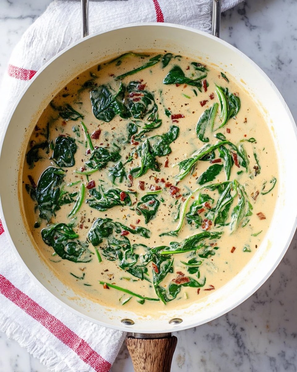A white pan filled with a creamy light beige sauce mixed with dark green fresh spinach leaves and small bits of reddish pieces scattered throughout. The sauce looks smooth and thick with some specks of seasoning visible. The pan is placed on a white marbled surface with a wooden handle visible and a white cloth with red stripes nearby. photo taken with an iphone --ar 4:5 --v 7