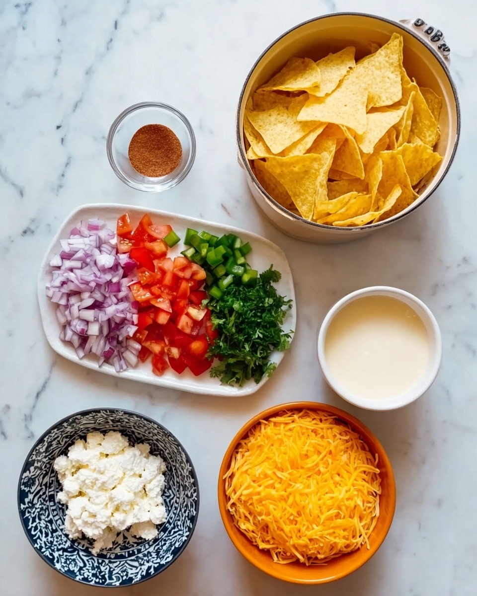 The image shows six items arranged on a white marbled surface. At the top left is a light brown pot filled with light yellow triangular chips. To its right, a small white plate has four piles of chopped ingredients: bright green jalapeños, red tomatoes, purple onions, and green cilantro. Below and toward the center, a small clear bowl holds reddish-brown powder. Next to it, a white cup contains light cream-colored sauce. At the bottom left, a patterned dark blue and white bowl holds white cottage cheese. At the bottom right, an orange bowl contains shredded bright orange cheese. Photo taken with an iphone --ar 4:5 --v 7