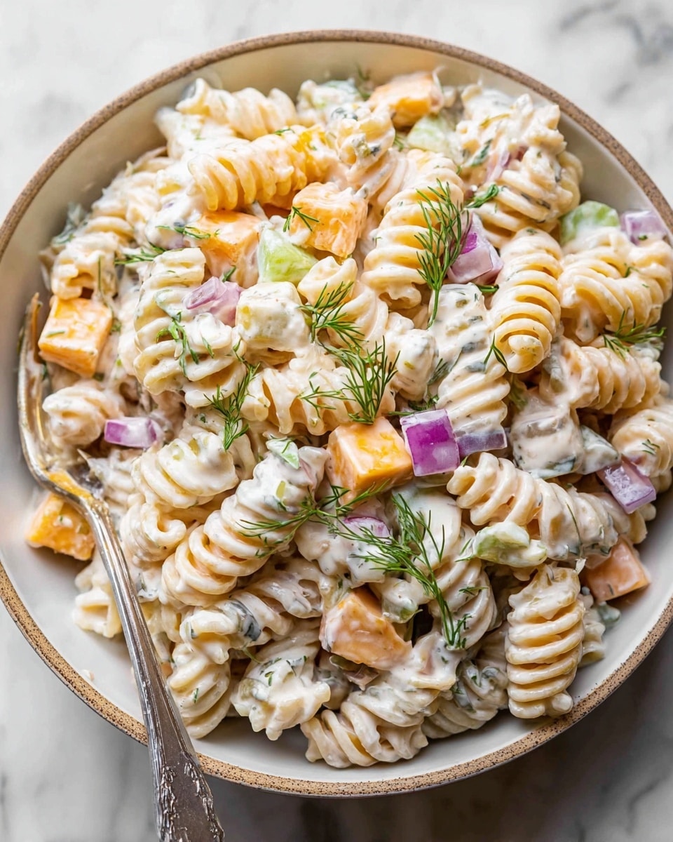 A close-up view of a white bowl filled with three types of ridged pasta shapes coated in a creamy white dressing. Mixed evenly throughout are small orange cheese cubes, pale green pickle pieces, and small purple onion cubes, all scattered among the pasta layers. Fresh green dill sprigs are sprinkled on top and throughout the dish, adding a touch of color. At the bottom left inside the bowl rests a silver fork partially covered by the pasta salad. The bowl sits on a white marbled surface. Photo taken with an iphone --ar 4:5 --v 7