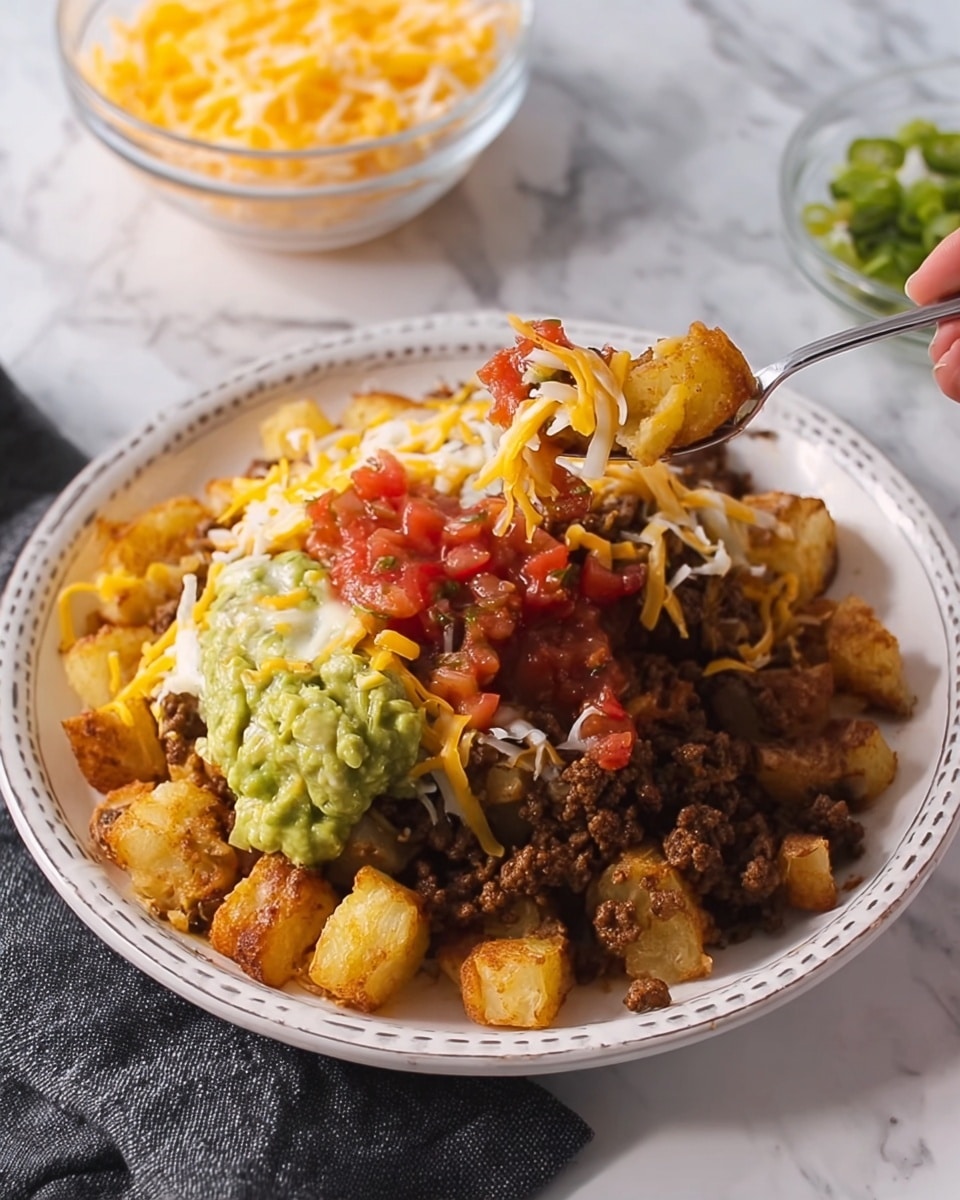 A white plate with a border holds a layered dish starting at the bottom with golden brown cubes of fried potatoes spread evenly. On top is a thick layer of cooked ground beef with a slightly oily texture. Over the beef, there is a bright green scoop of guacamole to the left and a heap of chunky red salsa mixed with bits of green peppers. The entire dish is sprinkled with shredded yellow and white cheese, some of it melting on the warm food. A woman's hand is seen holding a spoon, lifting a portion from the side. The background is a white marbled surface with a clear glass bowl of shredded cheese and a dark cloth napkin nearby. Photo taken with an iphone --ar 4:5 --v 7