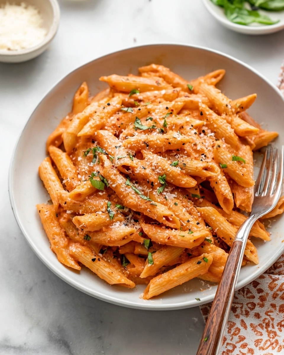 A white bowl filled with penne pasta covered evenly in a smooth, light red sauce. The pasta is mixed with small bits of green herbs scattered on top and lightly sprinkled with grated cheese, adding a white speckled texture. A silver fork with a wooden handle rests inside the bowl on the right side. The bowl is on a white marbled surface with a partially visible patterned cloth underneath. In the blurred background, there are small bowls with light ingredients. Photo taken with an iphone --ar 4:5 --v 7