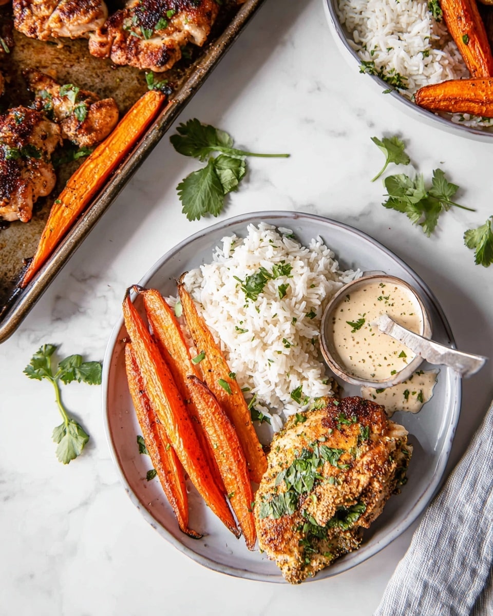 A white plate on a white marbled surface holds a meal with three main parts: a serving of white rice with a fluffy and grainy texture on the left side, roasted carrot sticks with a slightly charred orange color and specks of green herbs placed next to the rice, and a seasoned, browned chicken piece with a crispy texture covered in herbs at the bottom right. A dollop of creamy, light beige sauce with green flecks sits beside the chicken. In the background, a baking tray filled with similar browned chicken pieces and roasted carrots is partially visible at the top left. Fresh green herb leaves are scattered around the plate and surface. Photo taken with an iphone --ar 4:5 --v 7