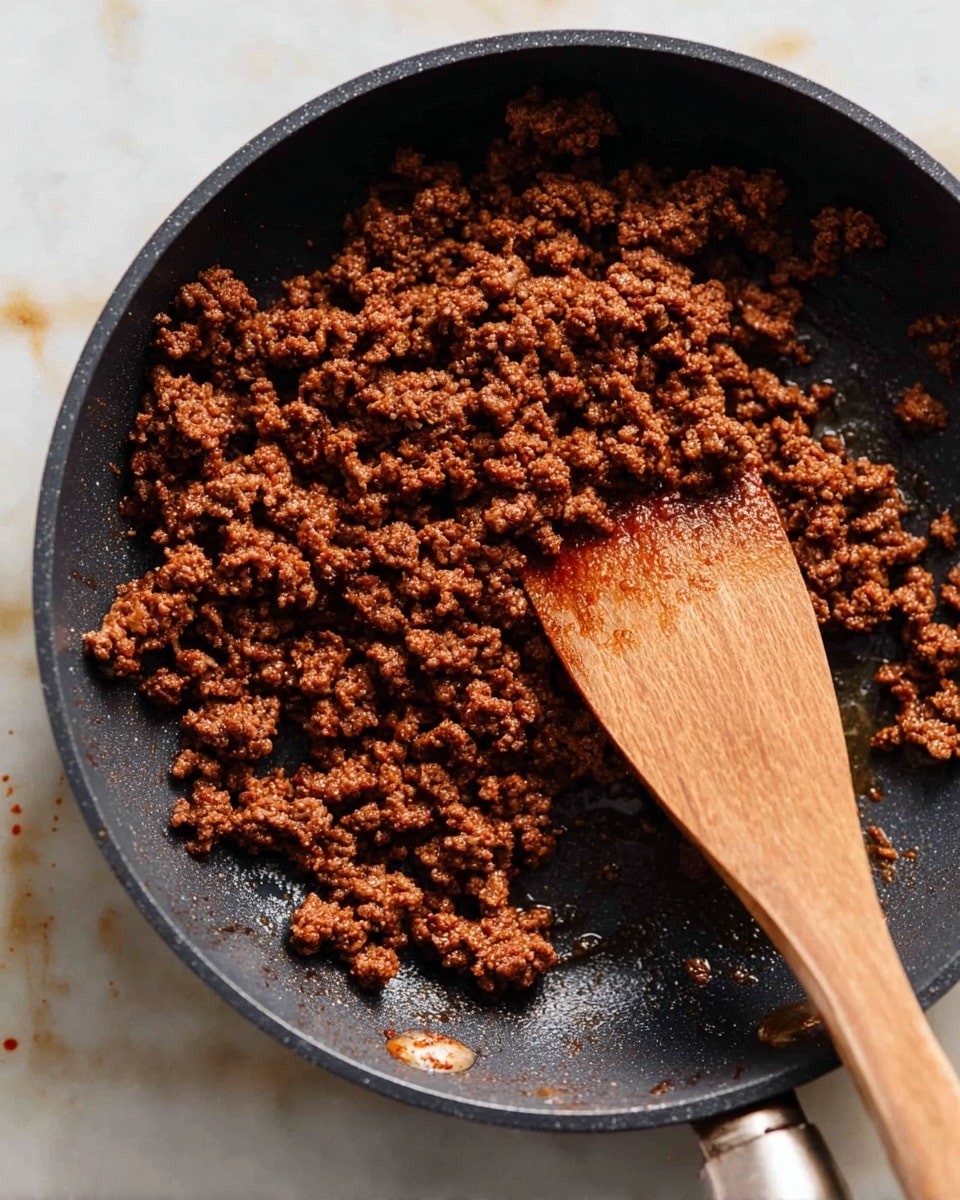 A close-up view of a black frying pan filled with cooked ground meat, showing small, crumbly pieces with a rich brown color and slight shiny texture from cooking oil. A wooden spatula rests inside the pan, partly covered with the meat, indicating it has been used for stirring. The pan sits on a white marbled surface with some small scattered marks around it. The focus is tight on the meat, capturing the texture and color variations well. photo taken with an iphone --ar 4:5 --v 7
