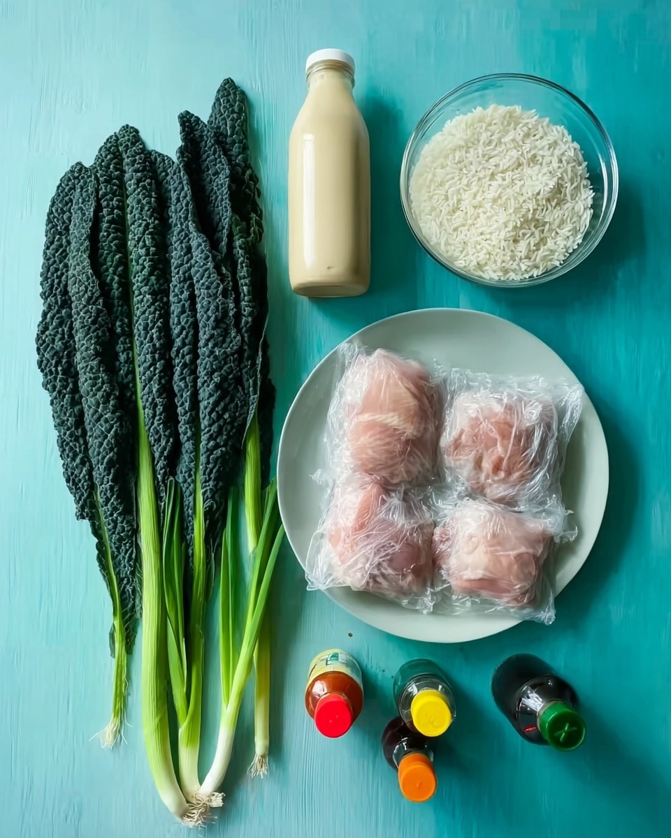 The image shows ingredients arranged on a light blue surface. On the right side, there is a white plate holding three pieces of raw chicken wrapped in clear plastic. To the left of the plate, there are six dark green leafy kale stalks placed in a vertical line. Above the kale is a clear glass bowl filled with white rice. Below the rice bowl is a tall bottle of mayonnaise with a beige color. On the right side near the chicken plate, three green onions lie diagonally. There are three small bottles of sauces spaced between the chicken and the kale, with red, yellow, and green caps. The scene is simple and brightly lit. Photo taken with an iphone --ar 4:5 --v 7