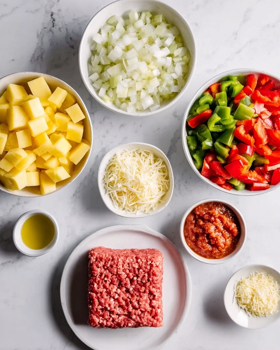 The image shows a white marbled surface with seven white bowls and one white plate arranged neatly. The white plate holds a square block of raw ground meat with a slightly coarse texture and pinkish-red color. One large white bowl is filled with small yellow cubed pieces, likely potatoes. Another large white bowl contains diced green and red bell peppers with a fresh, crisp look. A medium white bowl is filled with chopped white onions, finely cut. A smaller white bowl has shredded cheese, showing a mix of white and light yellow strands. Another small white dish holds a reddish chunky tomato mixture, while a separate tiny white bowl contains minced garlic with a pale yellow color. Finally, a tiny shallow white serving dish contains olive oil, shiny and golden. All the items are displayed clearly on the clean white marbled background. Photo taken with an iphone --ar 4:5 --v 7