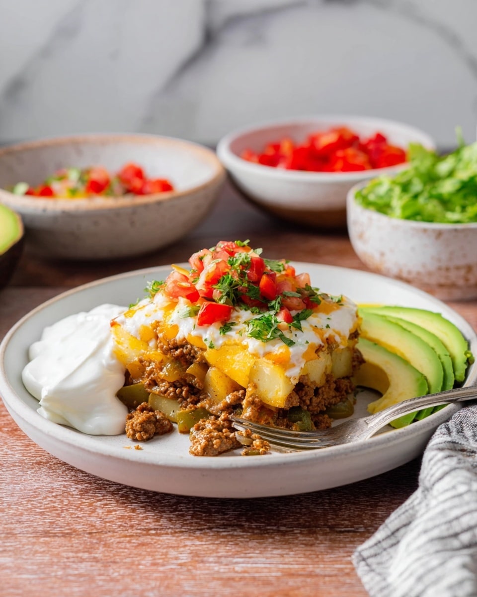 The dish shows one thick square piece of layered casserole placed on a white plate with a fork on the right side. The casserole has at least three visible layers: the bottom layer is made of cooked ground meat mixed with green peppers, the middle layer contains chunks of yellow potatoes, and the top layer is a melted mix of white and orange cheese sprinkled with small pieces of red tomatoes and green herbs. On the left side of the plate, there is a dollop of white sour cream, and on the right side, there are three slices of avocado. The plate sits on a wooden surface with a white marbled texture background, and behind the plate are small bowls with diced red tomatoes and chopped lettuce. Photo taken with an iphone --ar 4:5 --v 7