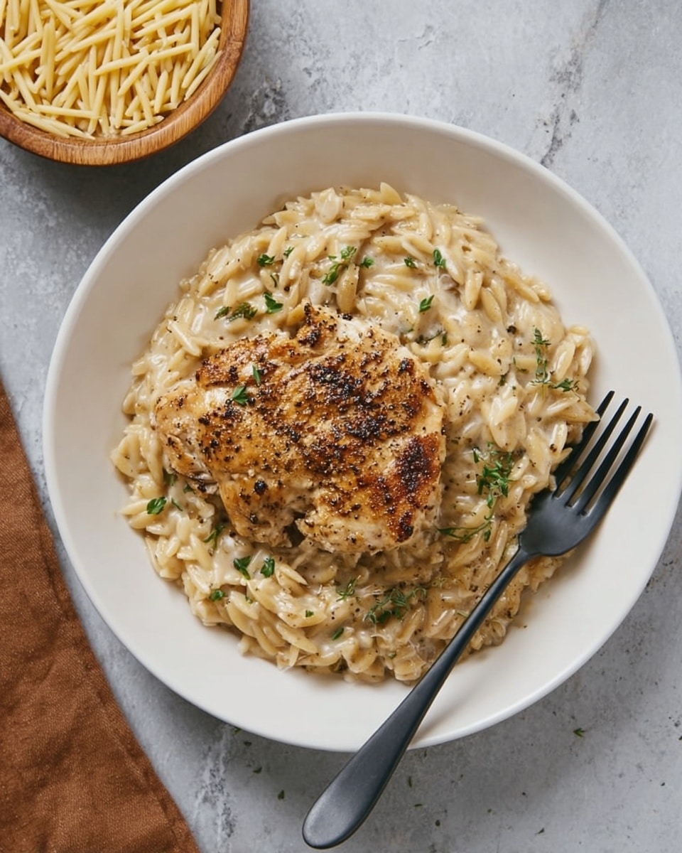 A white plate holds a creamy orzo pasta base with a light beige color and slightly thick texture, speckled with small green herb bits. On top sits a single piece of golden-brown cooked chicken seasoned with visible black pepper and herbs, showing a slightly crispy outside. To the right of the plate, a black fork rests inside the plate. The plate sits on a white marbled surface, and next to it, a small wooden bowl contains uncooked light yellow orzo pasta. Photo taken with an iphone --ar 4:5 --v 7