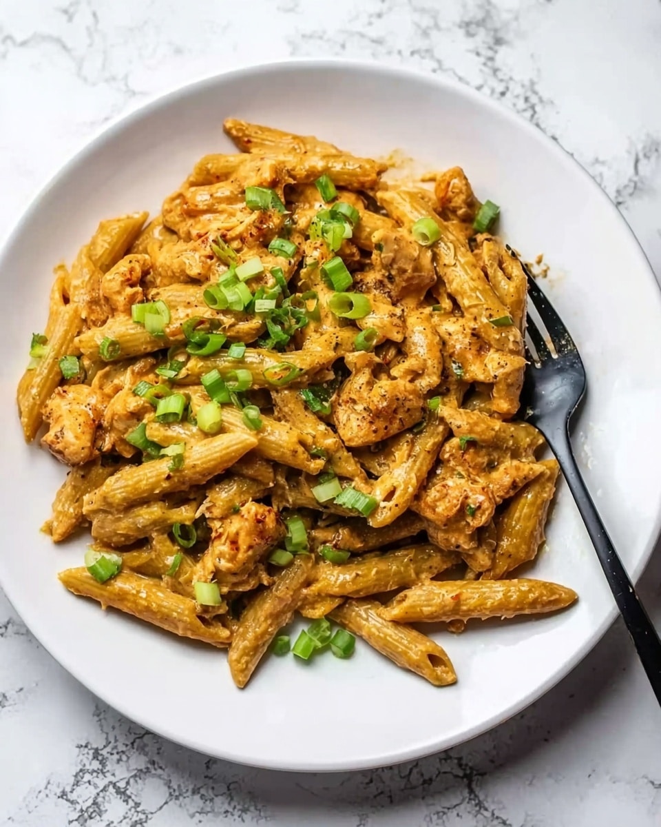 This image shows a white plate filled with creamy pasta made of penne noodles mixed with small pieces of chicken and a thick sauce that looks orange-brown. The pasta is sprinkled with chopped green onions, adding a fresh green color on top. A black fork is placed on the right side, slightly into the pasta. The plate is set on a white marbled surface with subtle gray veins. photo taken with an iphone --ar 4:5 --v 7