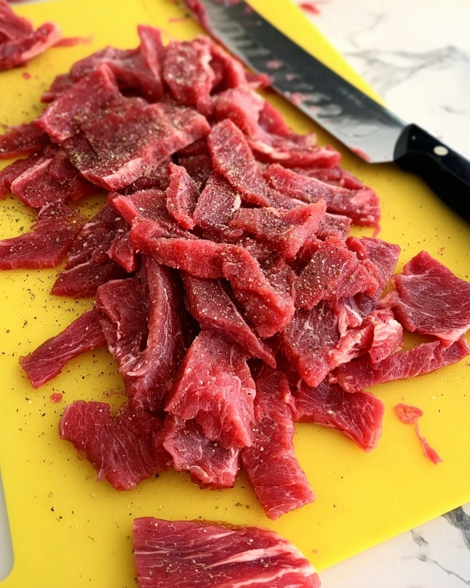 The image shows many thin strips of raw red meat with some black pepper sprinkled over them, spread randomly on a bright yellow cutting board. A large black knife with a shiny blade is visible on the right side of the board. The background has a white marbled texture. photo taken with an iphone --ar 4:5 --v 7