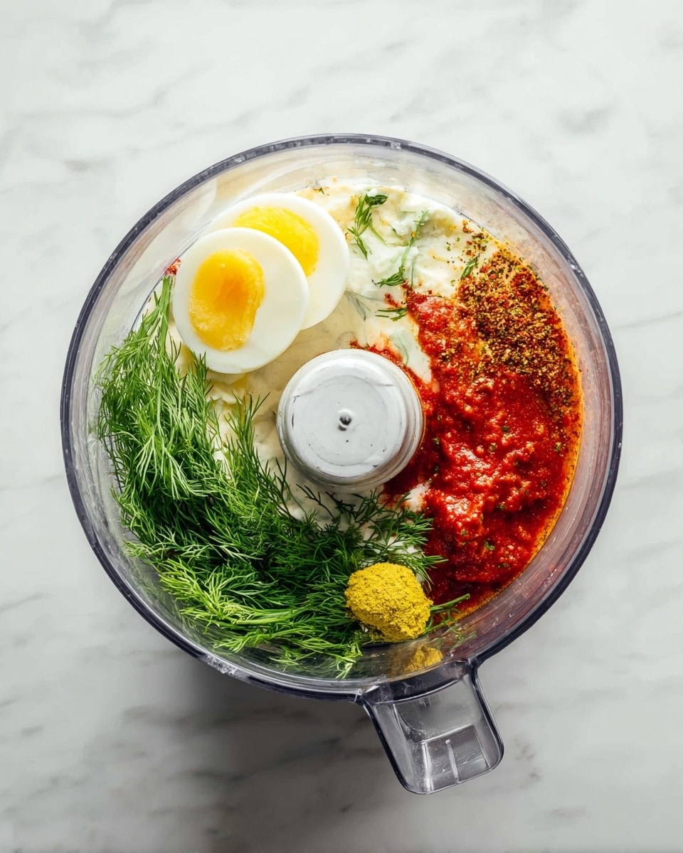 A clear food processor bowl sits on a white marbled surface, filled with several layers of ingredients. In the bowl, there are green fresh dill sprigs on the left side, a creamy pale layer of cottage cheese beneath, two halves of a boiled egg with a yellow yolk and white on the top right, a vibrant red sauce sprinkled with a light dusting of seasoning on the right, and a small spoonful of yellow mustard near the bottom right, touching the dill slightly. The food processor blade is visible in the center. Photo taken with an iphone --ar 4:5 --v 7