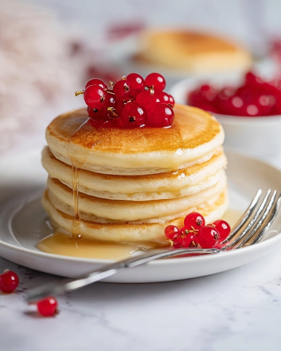 A stack of four golden pancakes with a soft and fluffy texture sits neatly in the center of a white plate on a white marbled surface. The pancakes are evenly cooked with light brown edges and a smooth, warm beige top layer. Golden syrup gently drips down the sides of the stack, adding a shiny, sticky look. A small bunch of bright red currants is placed on top of the pancakes, with a few more red currants scattered at the front edge of the plate near a shiny silver fork. In the blurred background, there is a soft focus of a bowl with more red currants. Photo taken with an iphone --ar 4:5 --v 7