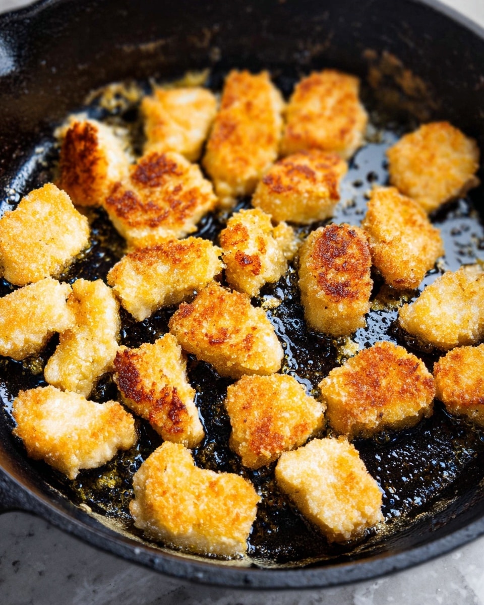 The image shows many small, golden-brown pieces of fried food placed inside a dark, slightly shiny cast iron pan. The pieces have a rough, crispy texture on top with irregular shapes and edges. They are spread evenly on the pan's black surface with some oil spots shining around them. The edges of the pan are worn, showing a bit of use. The background is not fully visible but is replaced with a white marbled texture. photo taken with an iphone --ar 4:5 --v 7