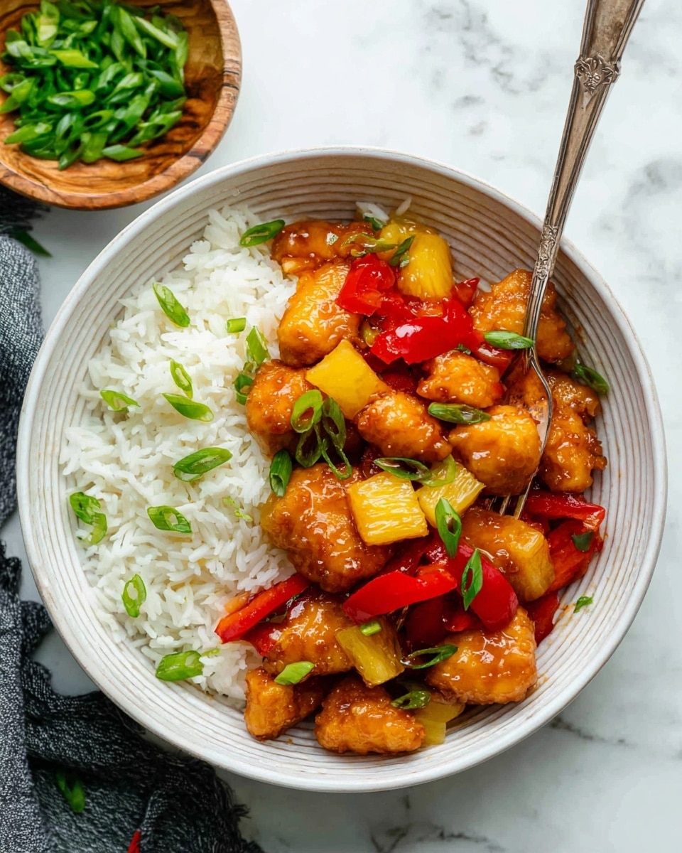 The dish is shown in a white bowl with ridged edges, placed on a white marbled surface. Inside the bowl, there are two main layers: on the left side, a bed of plain white rice with a fluffy texture, and on the right side, pieces of golden-brown chicken coated in a shiny orange glaze. Mixed with the chicken are bright red bell pepper chunks and yellow pineapple pieces, all topped with small green onion slices. A silver fork rests diagonally inside the bowl, partly on the rice and chicken. Nearby, there is a small wooden bowl filled with chopped green onions. photo taken with an iphone --ar 4:5 --v 7