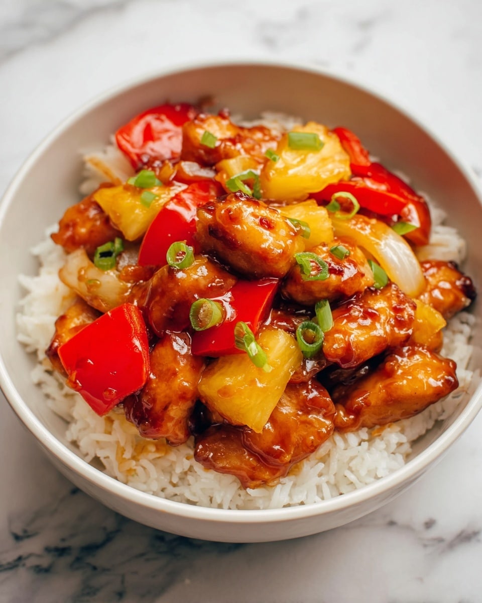 A white bowl filled with a base layer of white rice topped with a colorful mix of glazed chicken pieces, large chunks of bright red bell peppers, yellow pineapple, white onions, and small green onion slices. The chicken looks tender with a shiny, rich brown-orange sauce coating each piece, giving a glossy texture. The vegetables are vibrant and fresh, contrasting with the soft, fluffy rice beneath. The dish is set on a background with a white marbled texture. photo taken with an iphone --ar 4:5 --v 7