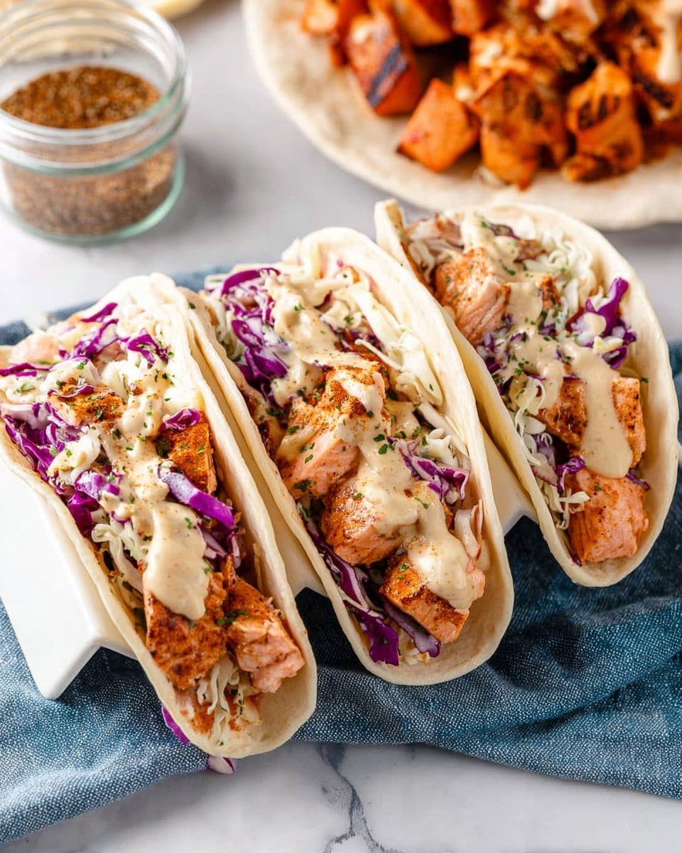 Three tacos sit on a white taco holder over a blue cloth, placed on a white marbled surface. Each taco has a soft white corn tortilla filled with three layers: the bottom layer is a mix of finely shredded purple and white cabbage; the middle layer contains chunks of cooked salmon colored light orange with some charred brown spots; the top layer is a drizzle of creamy beige sauce with specks of herbs. In the background, there is a white plate filled with more cooked salmon pieces and a small glass jar containing a brown spice mix. Photo taken with an iphone --ar 4:5 --v 7