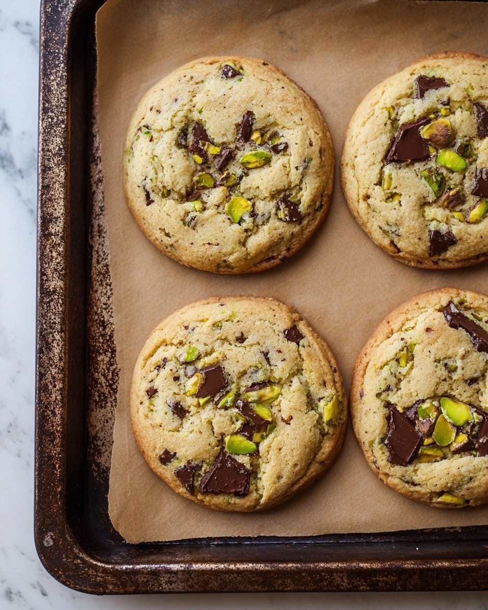 The image shows four round cookies on a baking tray lined with brown parchment paper. Each cookie has a light golden-brown color with a slightly cracked surface, embedded with uneven chunks of dark chocolate and small pieces of bright green pistachio nuts scattered on top. The cookies appear soft and thick, with the chocolate chunks melted slightly into the cookie dough. The baking tray has a dark, rustic look with some spots and scratches. The surface beneath the tray is a white marbled texture. photo taken with an iphone --ar 4:5 --v 7