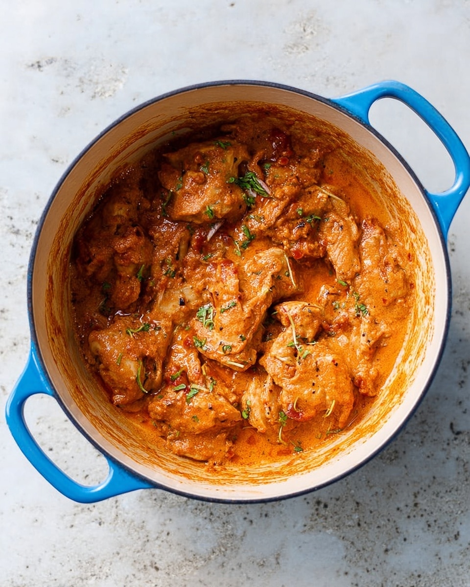 A round blue pot filled with multiple pieces of cooked chicken covered in thick orange sauce with visible herbs and small bits of tomato. The sauce looks creamy and slightly textured, spreading evenly around the chicken pieces. Small green herb leaves are sprinkled on top for garnish. The pot is set against a white marbled texture surface. photo taken with an iphone --ar 4:5 --v 7