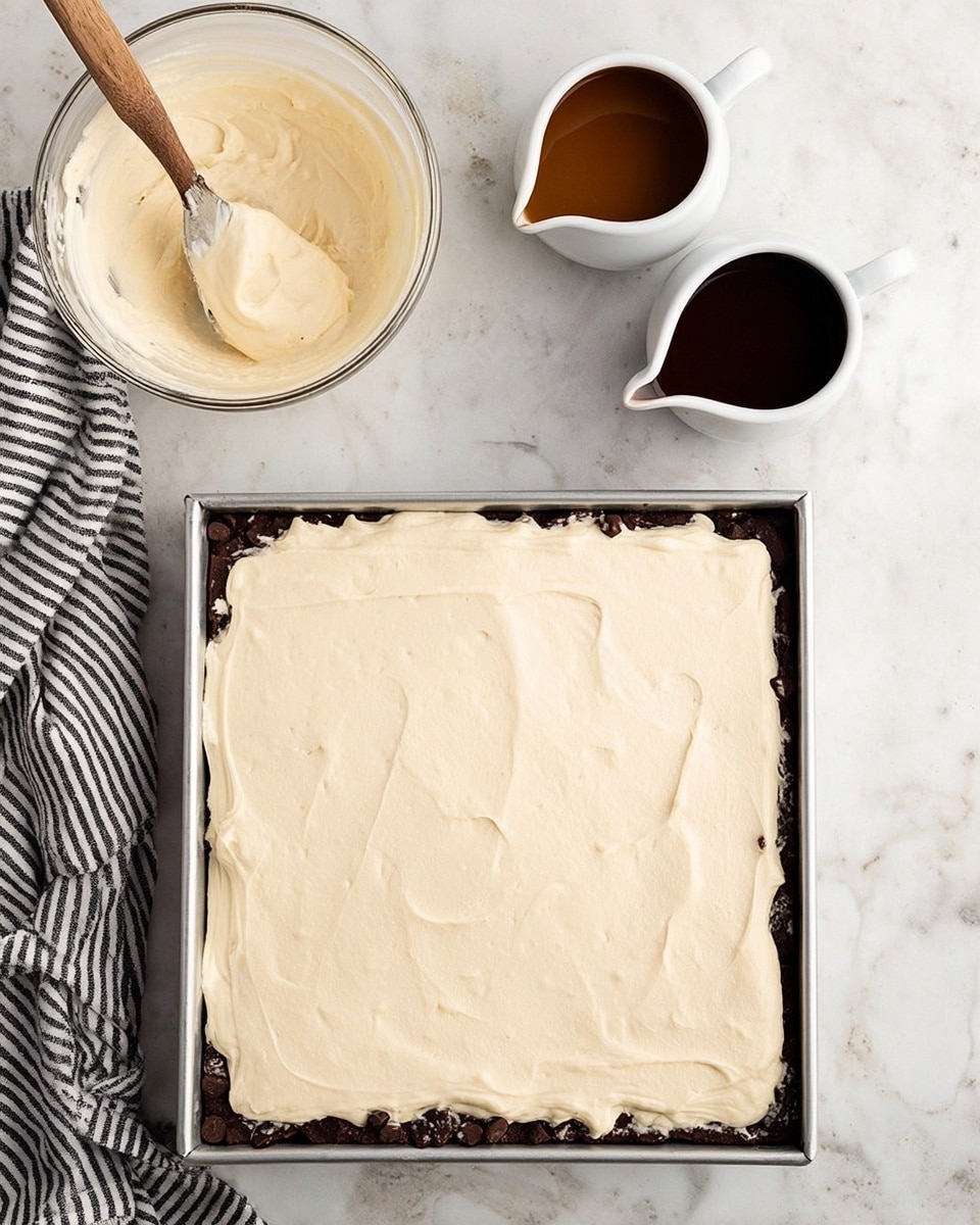 A square metal pan filled with a thick layer of smooth, light cream-colored frosting that slightly covers dark chocolate pieces beneath. To the left, a clear glass bowl holds more of the same cream frosting with a wooden spoon resting inside it. Above the pan, two small white ceramic sauce pitchers contain dark and milk chocolate sauces, one pitcher stained slightly on the rim. All items are placed on a surface with a white marbled texture, and a black and white striped cloth is partially visible on the left side. Photo taken with an iphone --ar 4:5 --v 7