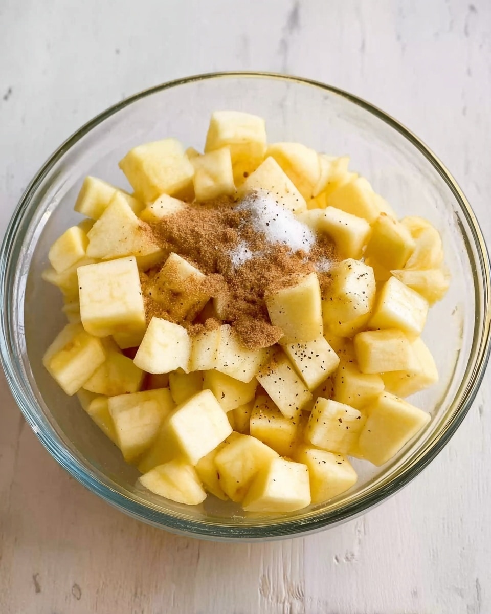 The image shows a clear glass bowl filled with evenly cut yellow apple cubes. On top of the apple pieces, there are small piles of brown sugar, granulated white sugar, and black pepper, creating a mix of light brown, white, and dark specks over the pale yellow apple pieces. The bowl is placed on a white marbled surface that adds subtle texture in the background. Photo taken with an iphone --ar 4:5 --v 7