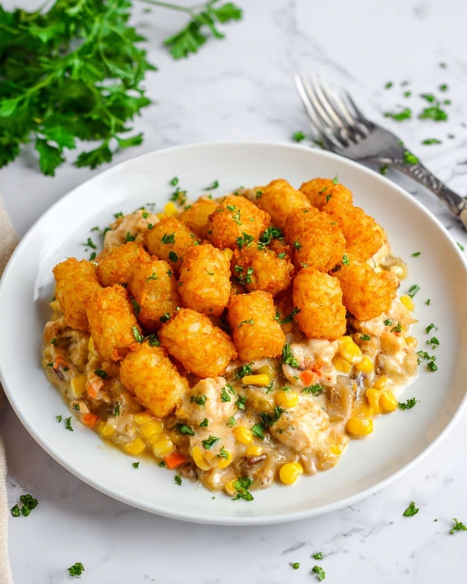 The image shows a white plate on a white marbled surface holding a food dish with two main layers. The bottom layer has small chunks of light beige chicken mixed with yellow corn kernels and bits of orange and green vegetables in a creamy sauce. The top layer is made of golden-brown crispy tater tots arranged neatly in rows covering most of the chicken base. Small green herb pieces are sprinkled lightly on top of the tater tots and around the plate for color. A silver fork is placed behind the plate, and some fresh parsley is visible in the background. Photo taken with an iphone --ar 4:5 --v 7
