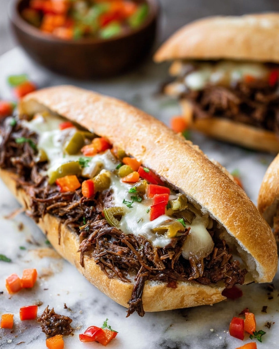 A white sandwich baguette is open and filled with dark brown shredded meat as the first layer. The second layer is light yellow cooked onions mixed with small chopped green and red peppers. The third layer is a white melted cheese sauce drizzled over the meat and vegetables. Small pieces of red, orange, and green diced vegetables are sprinkled on top, and some bits fall onto the white marbled surface around the sandwich. In the background, there is a blurred bowl with diced vegetables and another sandwich with similar fillings. Photo taken with an iphone --ar 4:5 --v 7