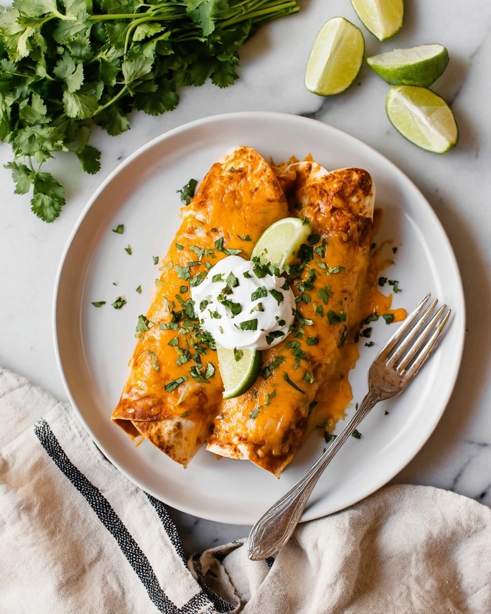 Two rolled enchiladas covered with melted orange cheese sauce and sprinkled with chopped green cilantro sit in the center of a white round plate. On top of the enchiladas is a dollop of white sour cream with more cilantro and a wedge of lime leaning on it. A silver fork lies on the right side of the plate. The plate is on a white marbled surface with lime wedges scattered nearby, fresh cilantro bunch on the top left, and a beige cloth with black stripes at the bottom right. Photo taken with an iphone --ar 4:5 --v 7