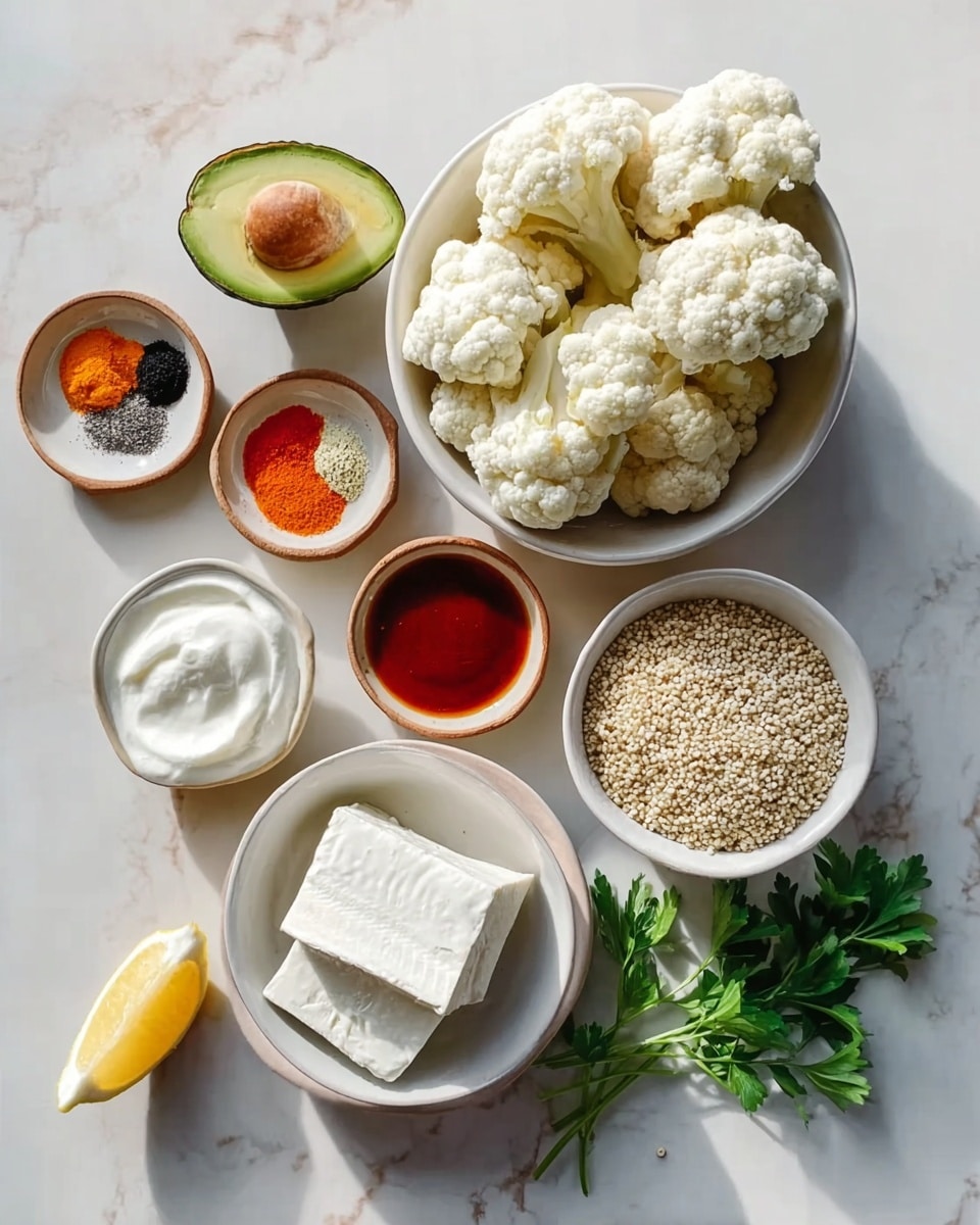 The image shows a white marbled surface with several white bowls and plates on it. In the center, there is a white bowl filled with large, white cauliflower florets. Below it, a white bowl holds a block of white tofu sliced into pieces. To the left, half a lemon and half an avocado are placed directly on the surface. Above the lemon, a small white bowl contains four small piles of spices in different colors: orange, red, black, and pale yellow. Next to the spices, a white bowl contains a dollop of white sour cream or yogurt. To the right of that, a larger white bowl is filled with light beige quinoa grains. Above and to the right of the quinoa bowl is a small white bowl with a reddish-brown sauce inside. A small bunch of fresh green parsley lies beside the quinoa bowl on the right side of the image. The composition is bright with natural lighting, emphasizing the freshness of the ingredients. Photo taken with an iphone --ar 4:5 --v 7