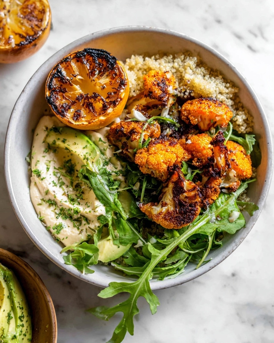 A white bowl sits on a white marbled surface, filled with layers starting with a creamy white spread at the bottom. On top of this is a layer of light beige quinoa, scattered with green arugula leaves. Bright orange roasted cauliflower pieces with slightly blackened edges rest on the quinoa, adding texture and color. To one side, there is a charred lemon half with dark grill marks, and nearby are two slices of light green avocado sprinkled with some herbs. Around the bowl, some loose arugula leaves add a fresh touch. Photo taken with an iphone --ar 4:5 --v 7