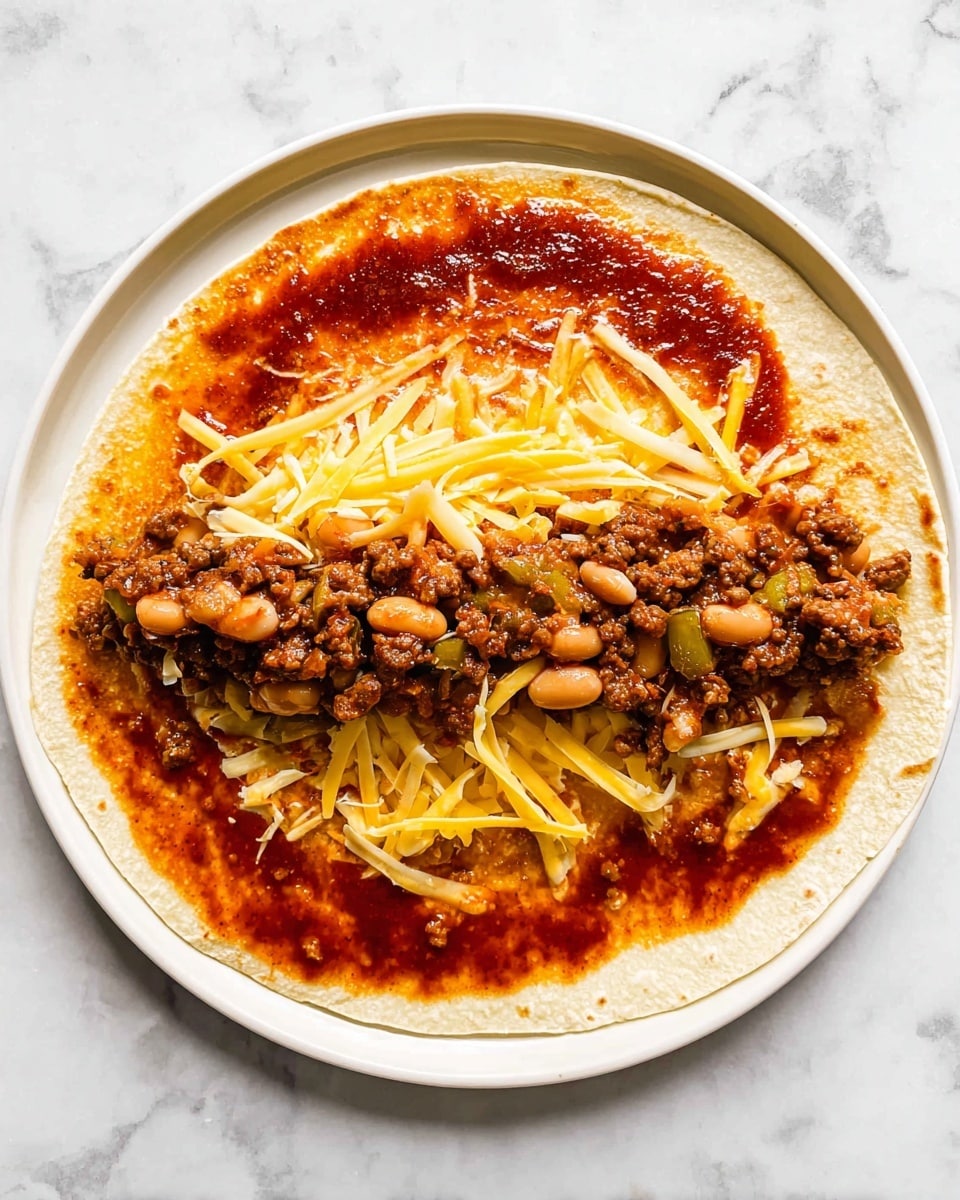 A round tortilla is laid flat on a white plate, with a layer of rich red sauce spread evenly across most of its surface except a small border around the edge. In the center, there is a strip of cooked ground meat mixed with brown beans and small pieces of green pepper and onion. On top of the meat and beans, there is a layer of yellow and white shredded cheese, scattered loosely in thin, long pieces. The plate rests on a white marbled surface. photo taken with an iphone --ar 4:5 --v 7