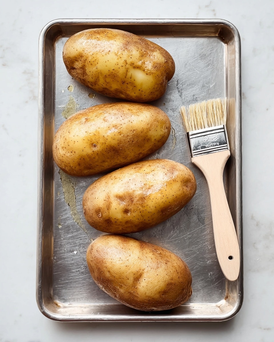 The image shows four whole potatoes with golden brown, slightly textured skins placed side by side on a silver metal baking tray. The potatoes have a shiny layer of oil on their skins, giving them a glistening look. To the right side of the tray, there is a small brush with a light wooden handle and natural bristles resting on the tray. The tray is on a white marbled surface that adds a clean, bright backdrop to the scene. photo taken with an iphone --ar 4:5 --v 7