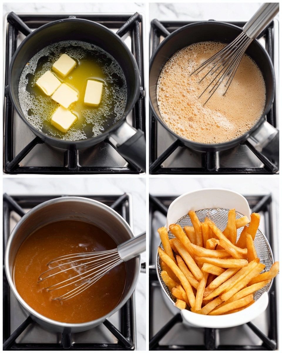 A black pot on a gas stove shows two squares of butter melting in clear yellow liquid in the first image at the top left. The second image at the top right captures a light beige foamy mixture bubbling in the pot with a metal whisk stirring it. The third image at the bottom left displays a smooth thick dark golden brown sauce with a metal whisk resting inside the pot. The last image at the bottom right shows golden-brown French fries inside a white air fryer basket. The background is a white marbled surface photo taken with an iphone --ar 4:5 --v 7