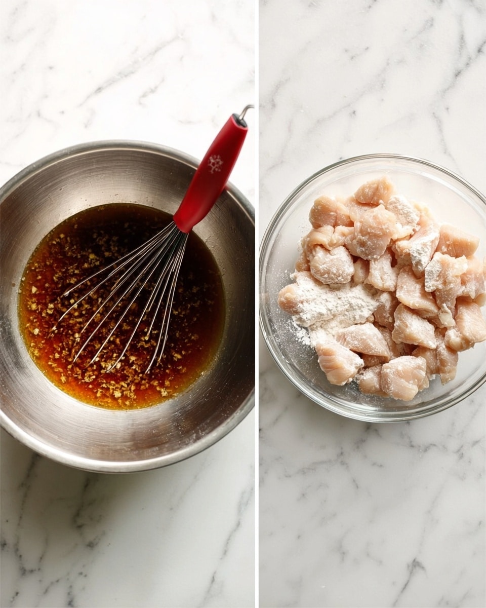 The image shows two side-by-side bowls on a white marbled surface. The left bowl is a metal mixing bowl containing a dark brown liquid sauce with visible small chopped pieces, with a red and black whisk resting inside. The right bowl is a clear glass bowl filled with chunks of light beige raw chicken coated lightly in white flour. photo taken with an iphone --ar 4:5 --v 7