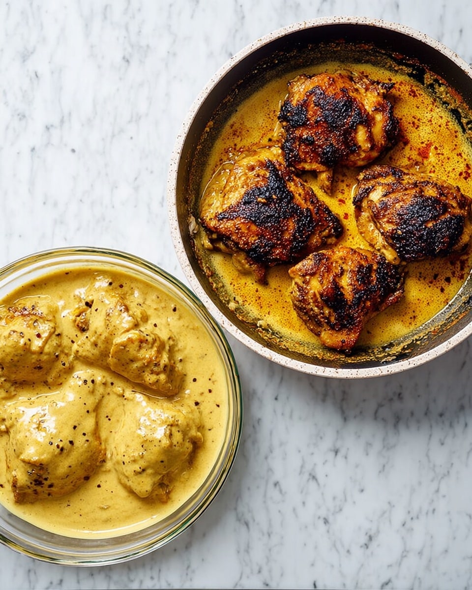 The image shows two round containers on a white marbled surface, side by side. On the left is a clear glass bowl with four pale yellow chicken pieces fully covered in creamy, thick mustard-yellow sauce with small black pepper flakes visible throughout. On the right is a white pan with a dark inside surface, containing four cooked chicken pieces. These chicken pieces have a crispy, charred look with dark brown and black char marks scattered unevenly across the golden-yellow cooked surface. Small bits of cooked spices and oil surround the chicken inside the pan. Photo taken with an iphone --ar 4:5 --v 7