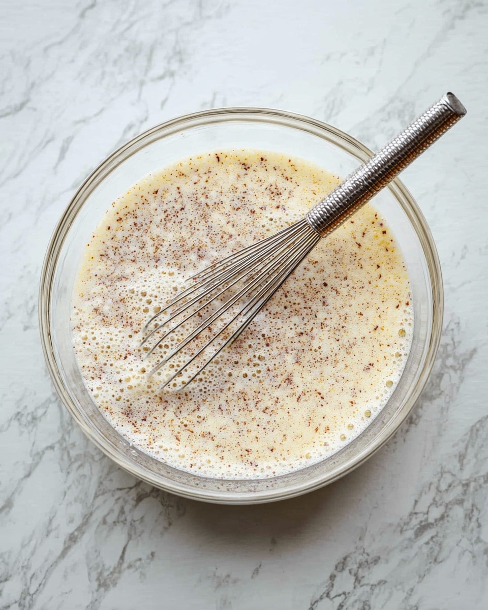 A clear glass bowl sits on a white marbled surface filled with a creamy liquid mixture that has visible small brown specks scattered throughout. Inside the bowl is a silver whisk, partly immersed in the mixture, with its handle resting on the edge of the bowl, extending outwards to the right. The liquid has some foam and bubbles on top, giving it a light, airy texture. photo taken with an iphone --ar 4:5 --v 7