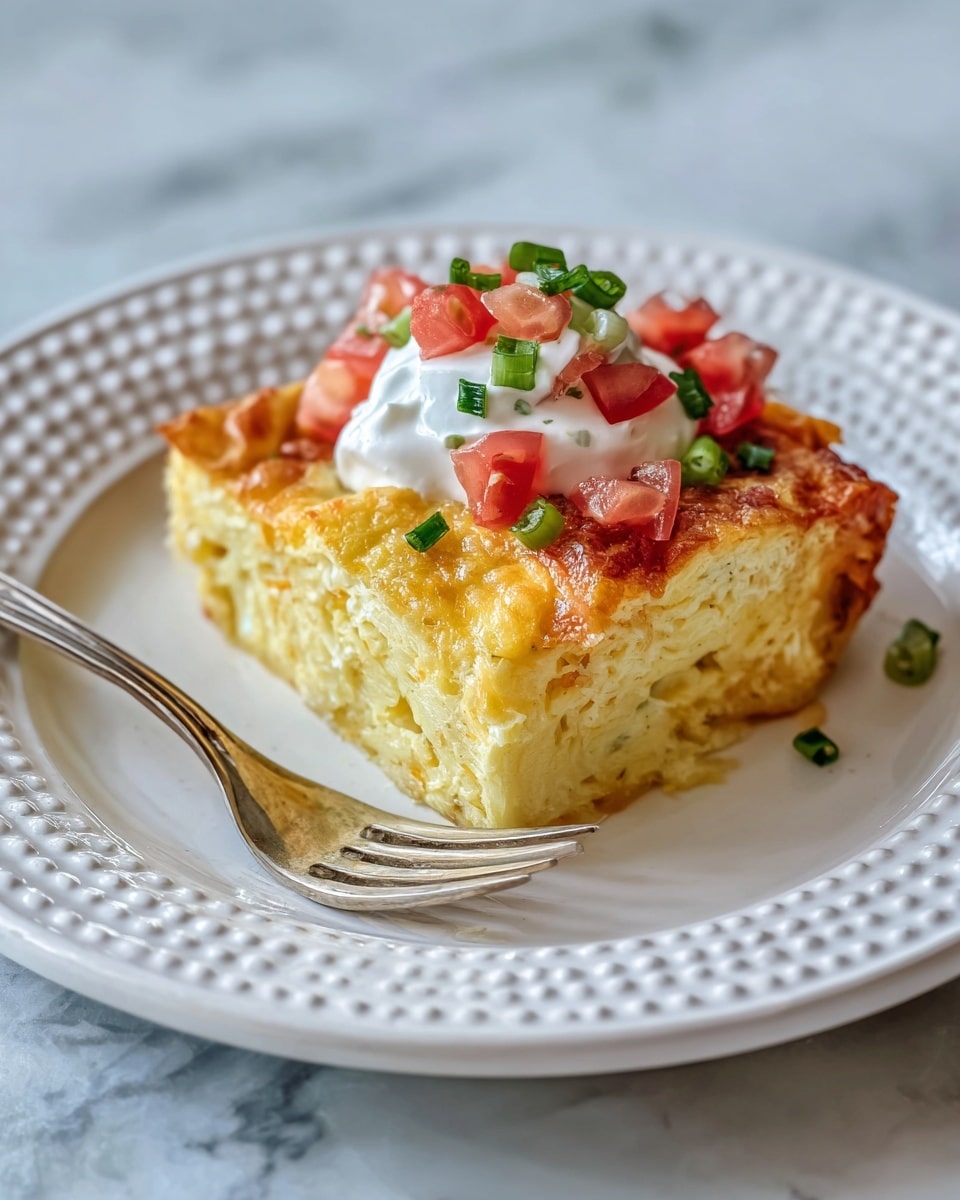A square piece of egg casserole sits on a white plate with a raised dotted border. The casserole has two visible layers: the bottom layer is a pale, creamy yellow, smooth and soft in texture, while the top layer is a slightly darker golden yellow with a baked, slightly textured surface. On top of the casserole is a dollop of white sour cream, garnished with small pieces of red tomato and green chopped scallions. A shiny silver fork is placed near the casserole with a woman's hand about to pick it up. The dish sits on a white marbled surface. photo taken with an iphone --ar 4:5 --v 7