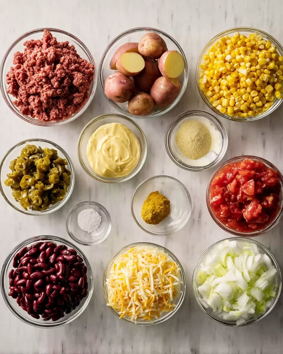 This image shows eleven small clear glass bowls of different ingredients arranged on a white marbled surface. At the top left is a bowl filled with raw ground meat, next to it on the right is a bowl of quartered red potatoes with skin on. To the right is a bowl full of cooked yellow corn kernels. Below the potatoes, there is a bowl of chopped tomatoes. In the middle row from left to right, there's a small bowl with yellow seasoning powder, a larger bowl with a smooth creamy yellow mixture, a small bowl of finely chopped garlic, and a small bowl with white granulated salt. At the bottom left is a bowl with chunky green chili peppers, next to it is a bowl of dark red kidney beans, then a bowl of shredded yellow and white cheese, and finally a bowl full of chopped white onions photo taken with an iphone --ar 4:5 --v 7