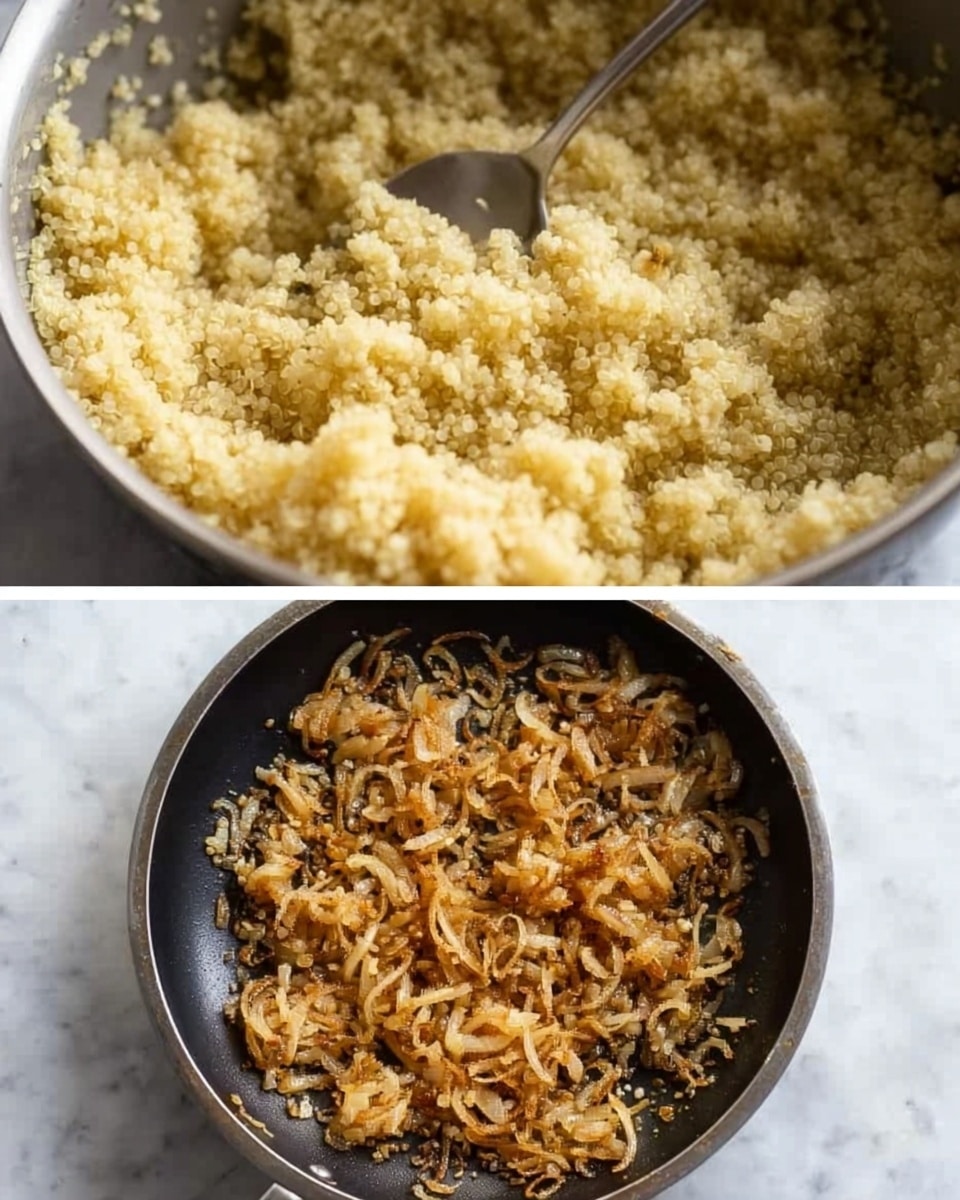 The first image shows a close-up of a pot filled with fluffy, pale yellow cooked quinoa with a soft texture. A spoon is stirring the quinoa, and the pot's edge is visible, metallic gray in color. The second image displays a black pan filled with thin, golden-brown fried onion slices with crispy edges scattered evenly across the pan's surface. Both images are set on a white marbled surface, highlighting the cooking process. Photo taken with an iphone --ar 4:5 --v 7
