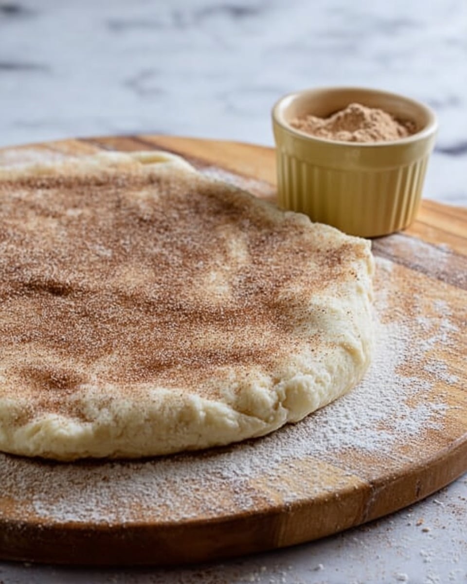 A rough circle of pale dough flattened on a wooden board with some flour dusted around its edges. The dough is sprinkled with a layer of fine light brown powder, likely cinnamon and sugar, spread evenly across the top surface. To the side, there is a small pale yellow ramekin filled with a light brown powder, resting on the board. The background shows a white marbled texture beneath the wooden cutting surface. Photo taken with an iphone --ar 4:5 --v 7