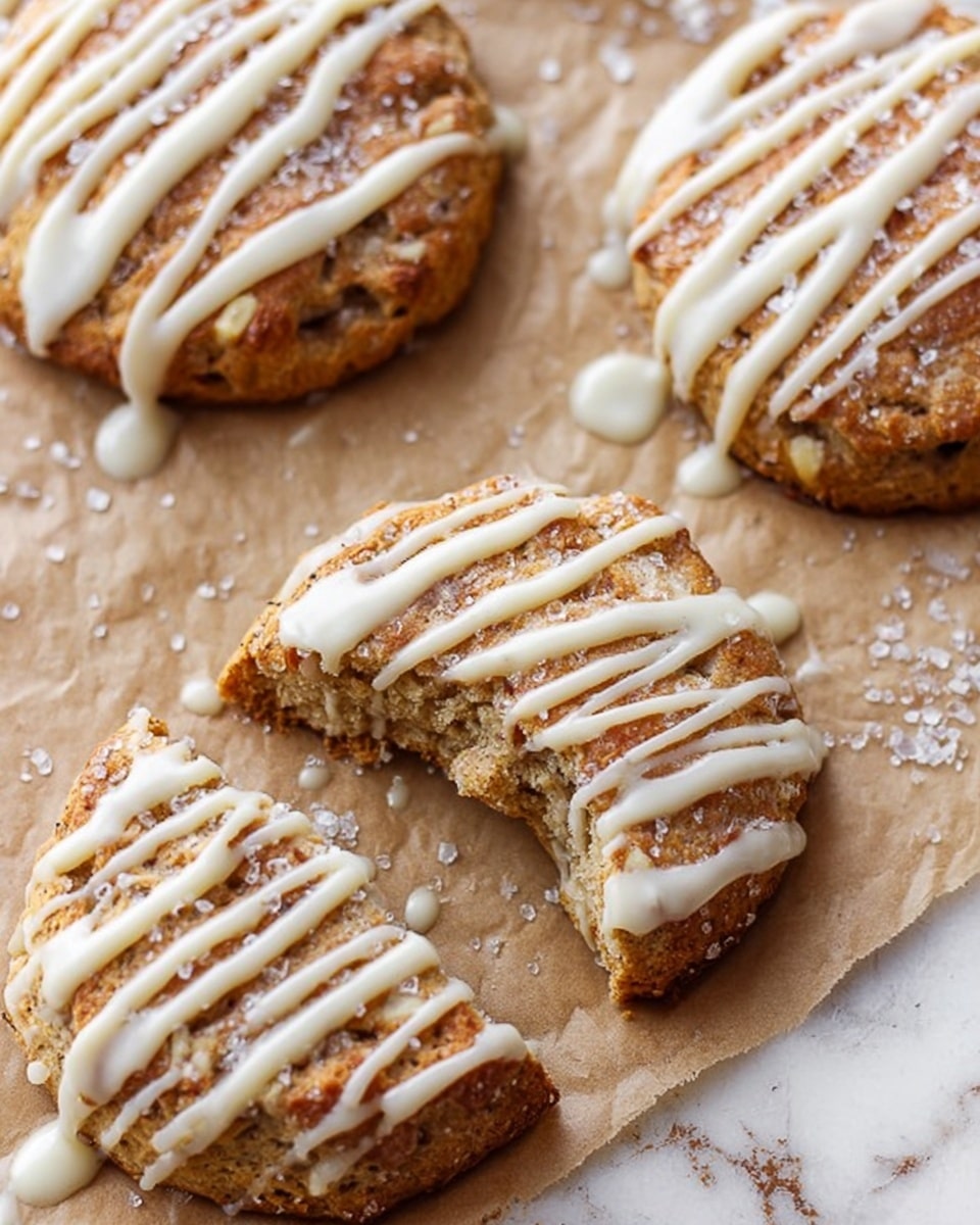 The image shows four round scones on brown parchment paper over a white marbled surface. Each scone has a golden-brown color with a slightly rough texture and is topped with white glaze drizzle in different patterns, mostly diagonal and crisscross lines. One scone in the center is partially eaten, showing a soft, crumbly inside with a light beige color and chunks of nuts or fruit visible inside the dough. The glaze is thick and creamy, some dripping down the sides of the scones. Dry white sugar crystals are sprinkled lightly on the parchment paper around the scones. Photo taken with an iphone --ar 4:5 --v 7