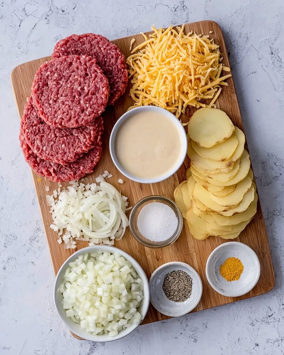 The image shows a wooden board with several ingredients neatly arranged on a white marbled surface. There are two thick layers of raw ground beef, bright red in color, placed next to a small white bowl filled with creamy beige sauce. On the board, there are three piles of shredded cheese in different shades: pale yellow, bright yellow, and a mix of white and yellow. Sliced potatoes lie in a neat stack, their light yellow color creating a soft texture. Finely chopped white onions are placed beside the potatoes, and next to them, a small white bowl holds white salt, black pepper, and a yellow seasoning powder. Another small white bowl containing white granulated sugar sits on the bottom left of the board. The whole setup has a clean and organized look, ready for cooking. Photo taken with an iphone --ar 4:5 --v 7